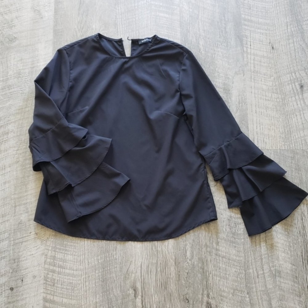 Black Ruffle Sleeve Blouse.